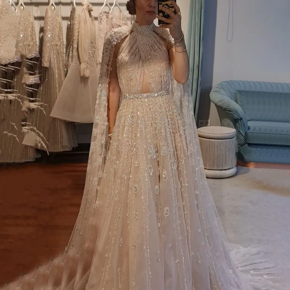 Serene Hill Dubai Arabic Luxury Nude A Line Beaded Evening Dresses With Cape Sleeves Gowns For Women  Wedding Party 2023 LA71803