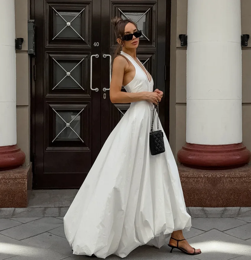 White V-Neck Backless Long Dress Female Sleeveless High Waist Fashion Elegant Luxury Bodycon Dress Women Solid Maxi Dress