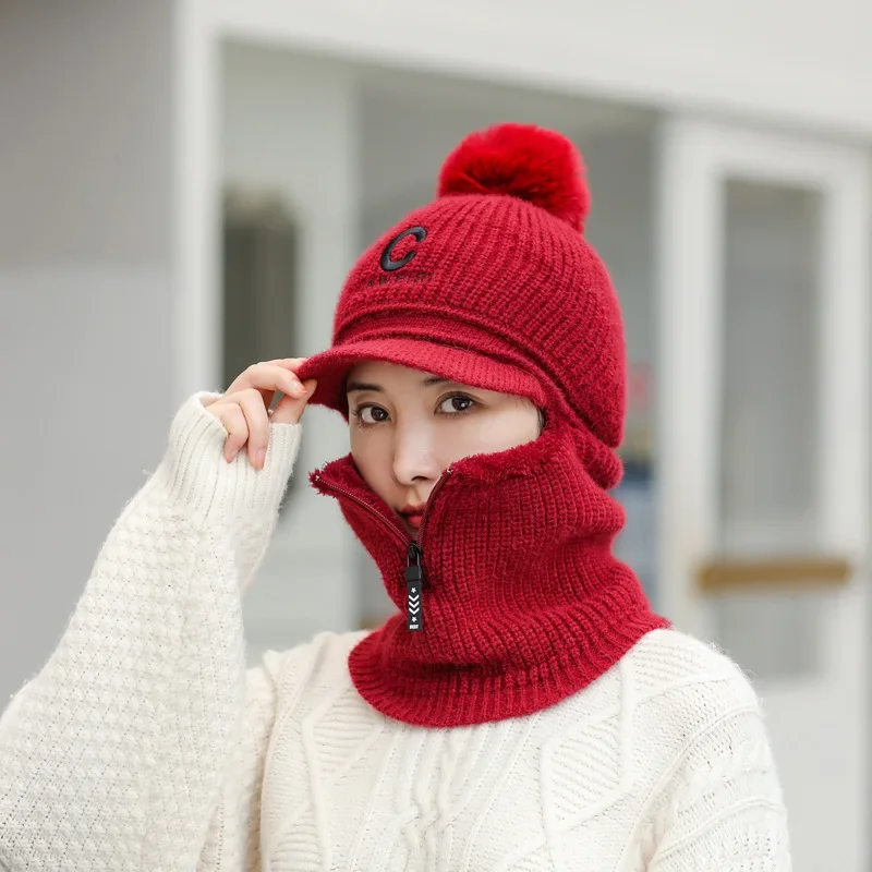 Letters C Knitted Beanie Scarf Set For Woman Girl Curved Brim Autumn Winter Hat Zipper Pompoms Cycling Ski Hunting Hat 3