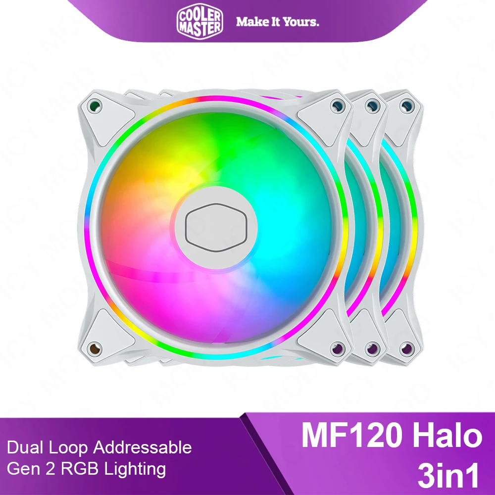 Coolermaster 3 In 1 Argb Case Fan Pwm Chassis Fan Liquid Cooler Loop 120Mm Nero/Bianco Ventola Del Radiatore Ventilador Chasis Mf120 Halo