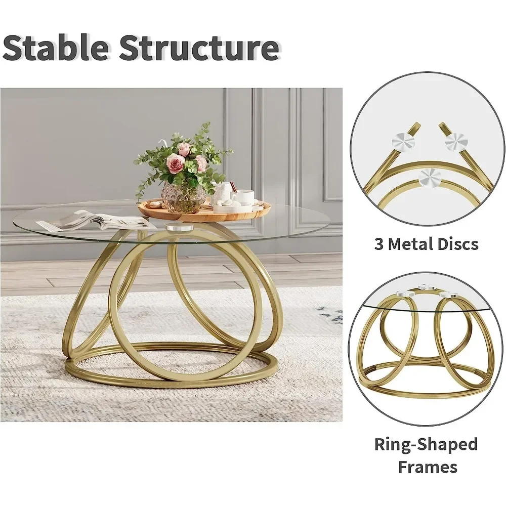 Round Coffee Table, Modern Silver Coffee Table Living Room Table with Ring-Shaped Frames, Glass Coffee Table for Home&Office 3