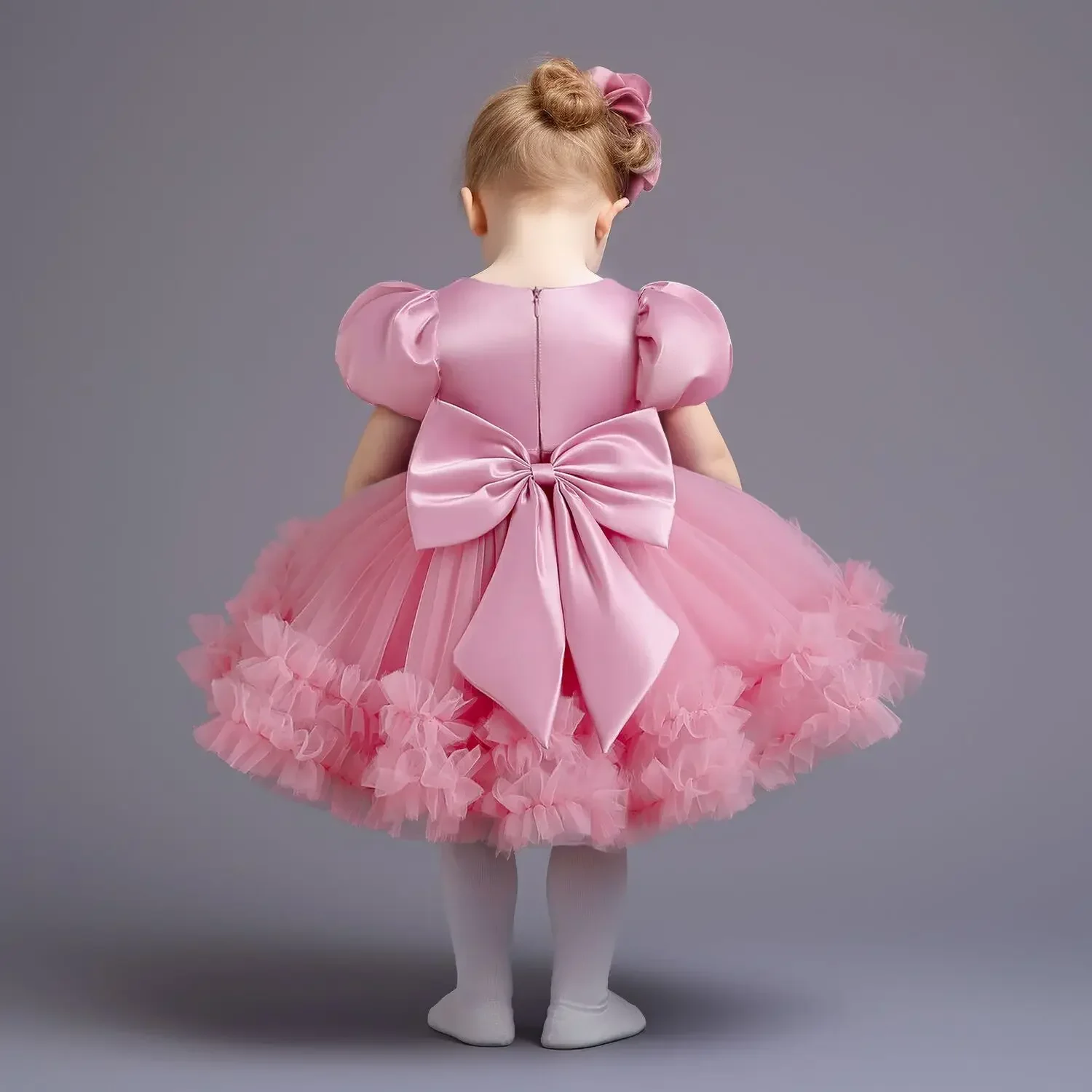 웨딩 파티용 꽃 소녀 원피스, 귀여운 나비 매듭, 생일 파티 유아 소녀 원피스 스팽글, 푹신한 아기 소녀 공주 가운, 0-5T 