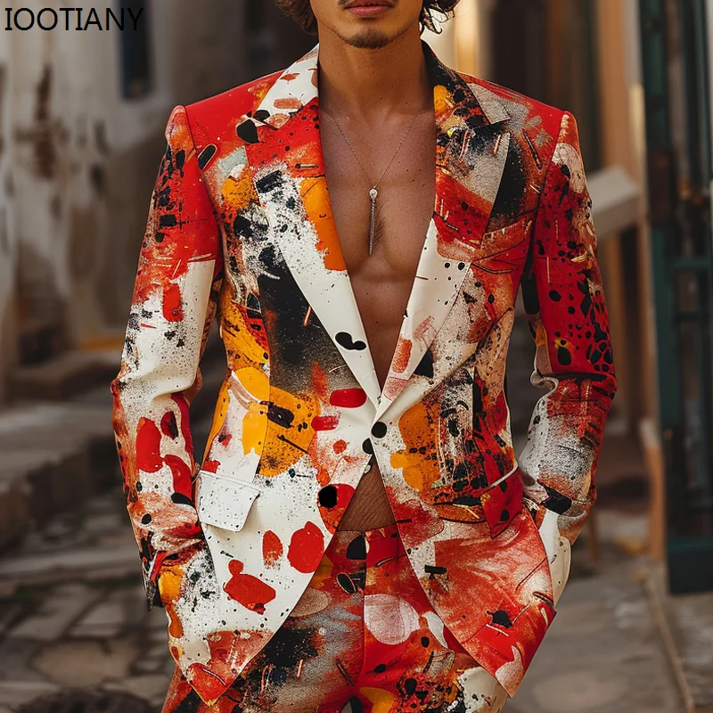 American Fashion Graffiti Casual Men's Suit Colorful Print Suit Jacket Pants Fashion Casual Party Men's Suits Bar Stage Show Set
