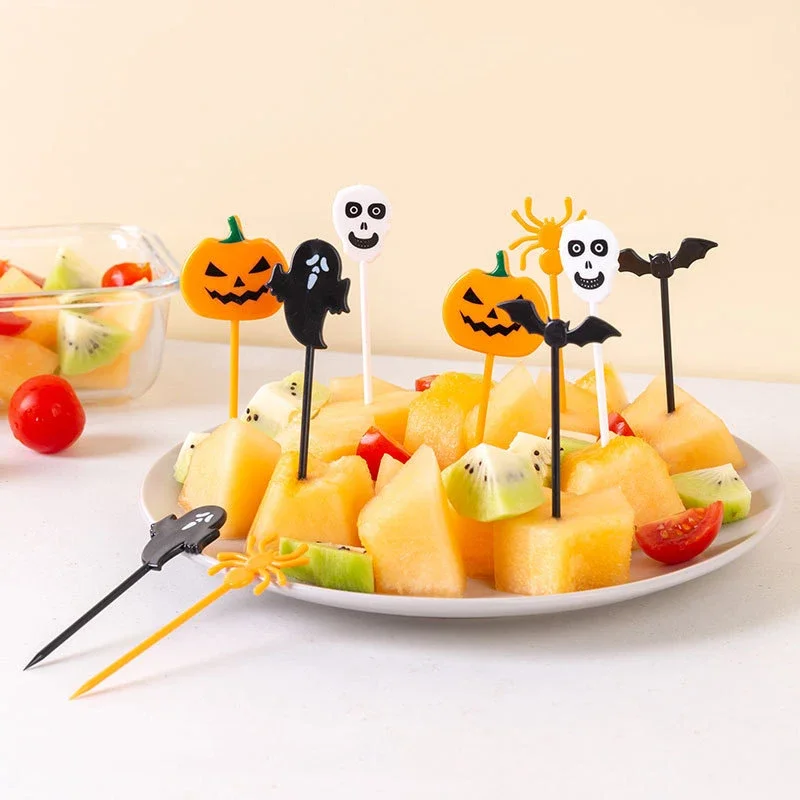 10pcs Random Halloween Fruit Fork Cartoon Children Cake Dessert Pick Toothpick Lunch Pick Food Fork Bento Party Decoration