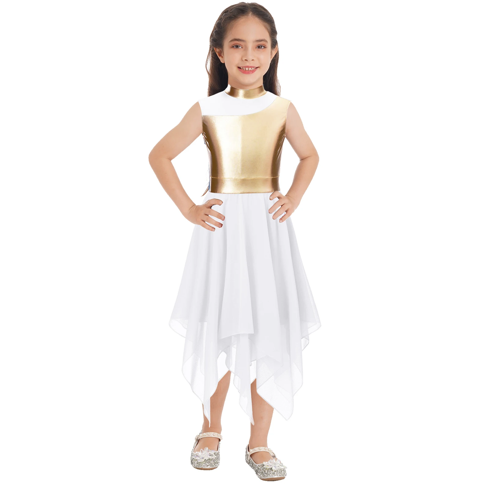 

Kids Girls Sleeveless Asymmetrical Ballet Praise Lyrical Dance Dress Metallic Color Block Dress Dancewear Performance Costume