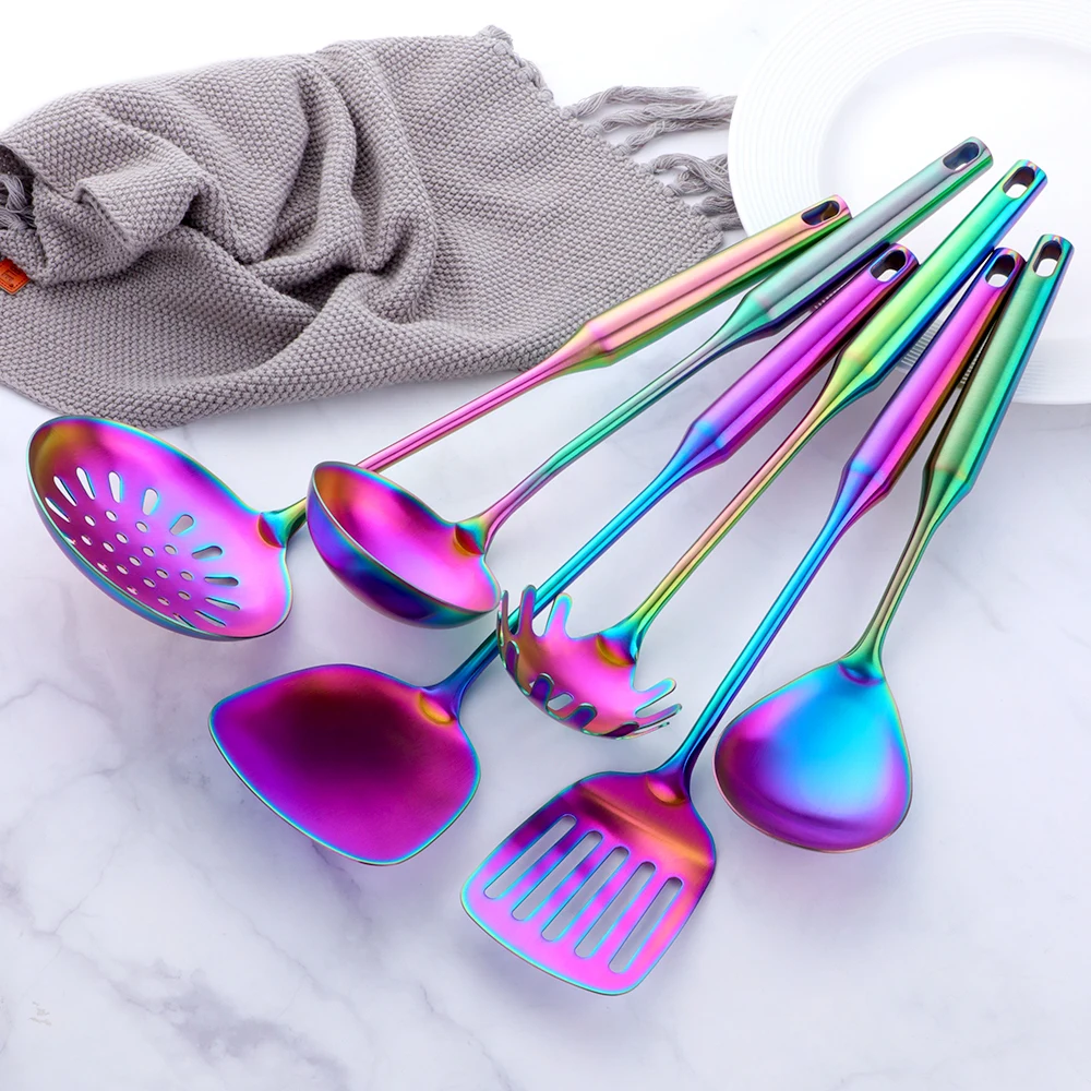 kitchen utensils set 1-10PCS Rainbow Stainless Steel Cooking Kitchen Utensils Set Soup Spoon Turner Spaghetti Server Food-grade Cookware Tools