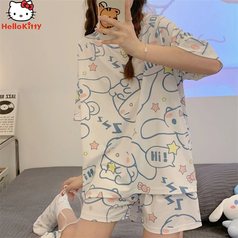 Kawaii Hot Anime Cinnamoroll Kuromi Pajamas Summer Simple Fashion Delicate Cute Casual Loose Comfortable Soft Girly Set Gift