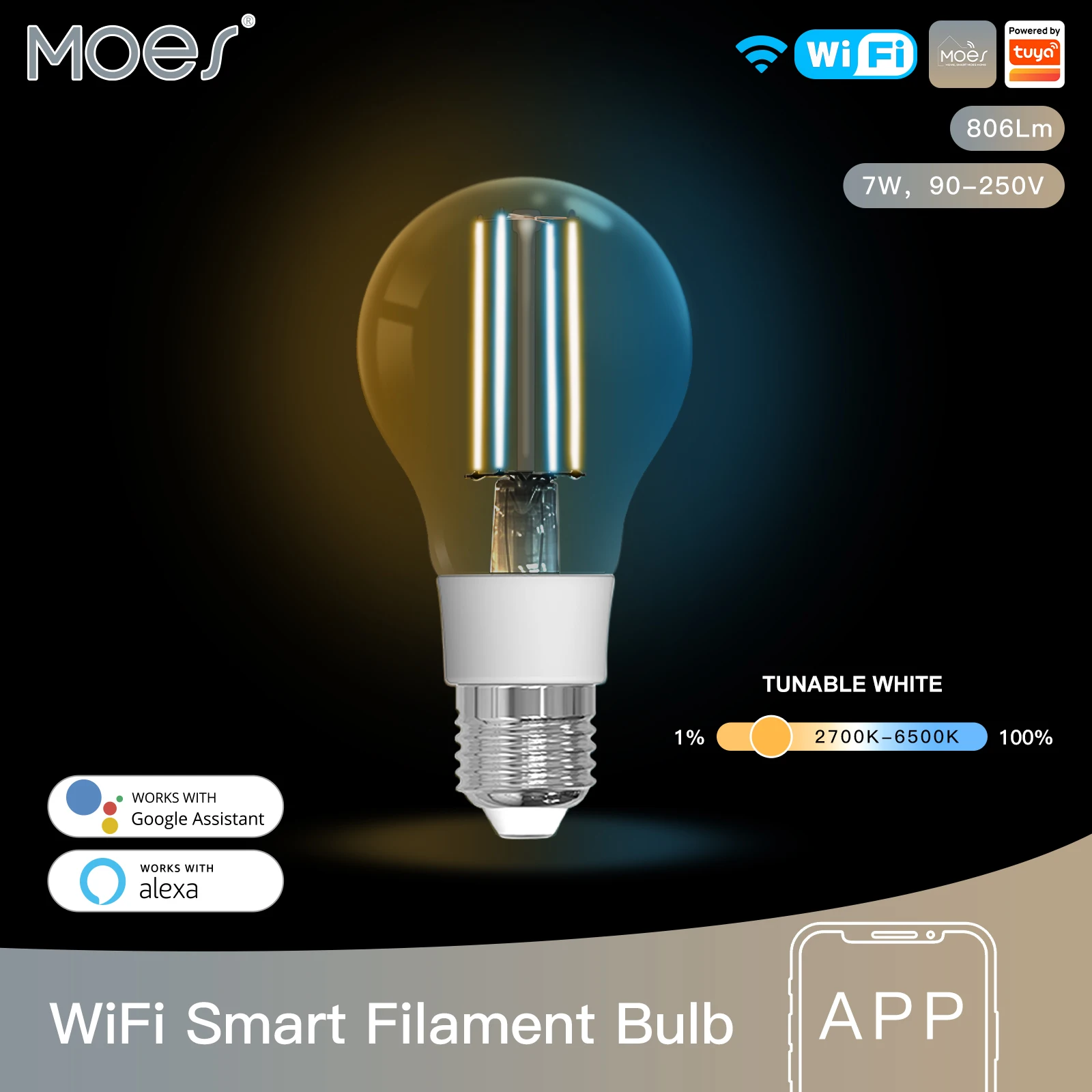 

MOES WiFi Smart Filament Bulb LED Light Lamp E27 Dimmable Lighting 2700K-6500K 806Lm Tuya Alexa Google Voice Control 90-250V 7W