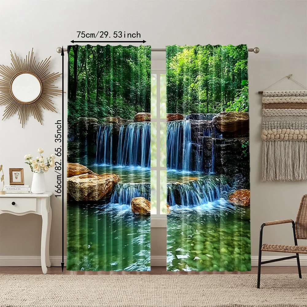 2 pcs, versatile polyester transparent curtains for home decoration Rainforest Waterfall Natural for use in bedrooms and living 3