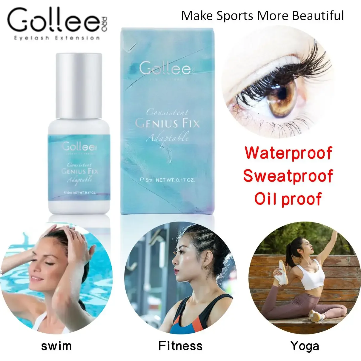Gollee Eyelash Extension Glue Sweatproof for Running Waterproof Swimming 0.5-1s Fast Drying Professional