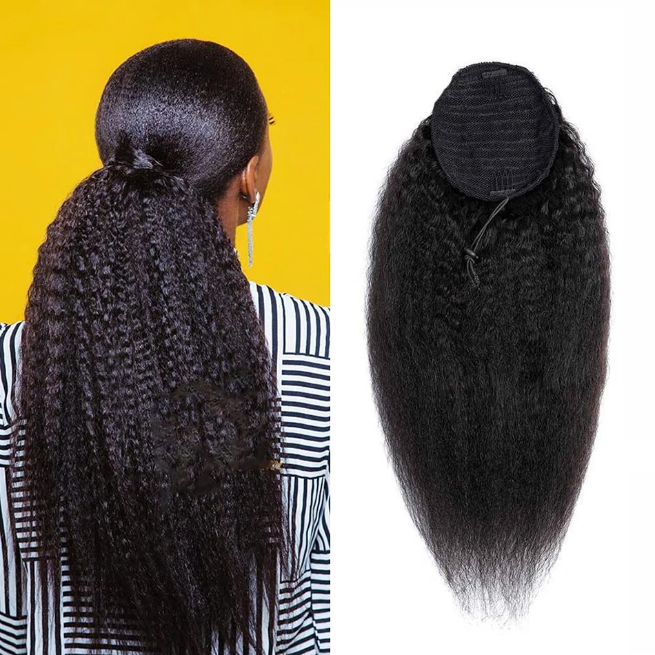 Maxine Kinky Straight Drawstring Ponytail Human Hair Extension Wrap Around Ponytail Long Pony Tail Clip in Hairpiece human hair extensions For Woman