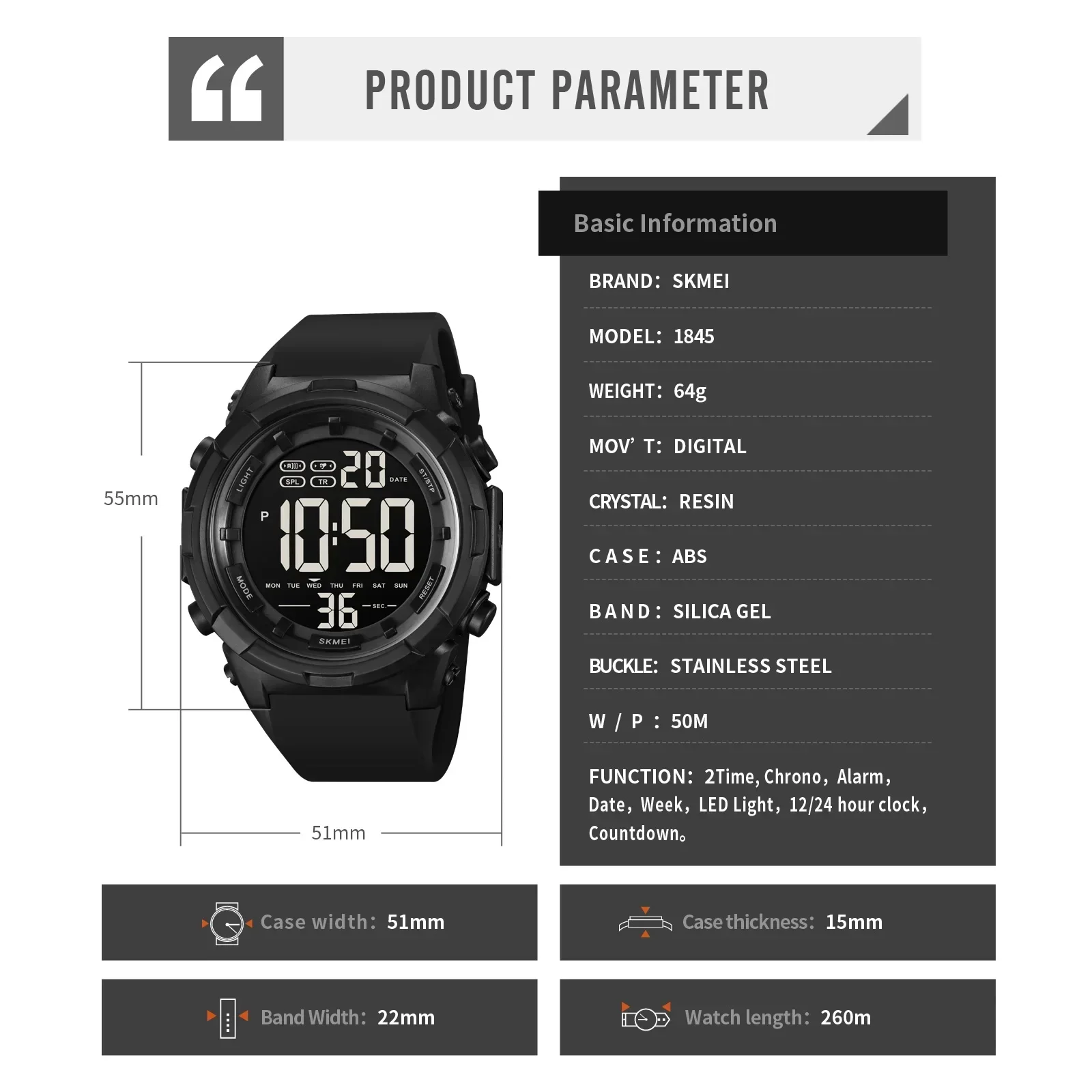 SKMEI 1845 Fashion Digital Waterproof Watch for Men Military Electronic Sport Mens Wristwatches Shockproof Clock Reloj Masculino 6