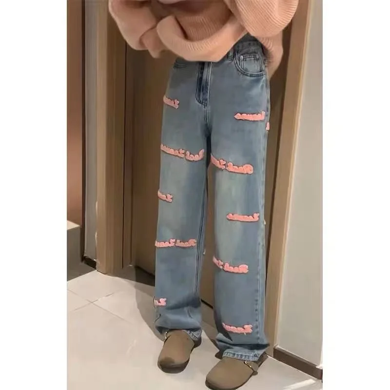 Embroidery Jeans for Women Loose Wide Leg Straight High Waist Trousers Spring Clothing