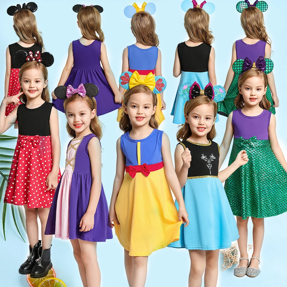 

Disney Princess Dress Rapunzel Snow White Casual Sleeveless A-Line Dress Outfit Mermaid Ariel Minnie Mouse Summer Birthday Dress