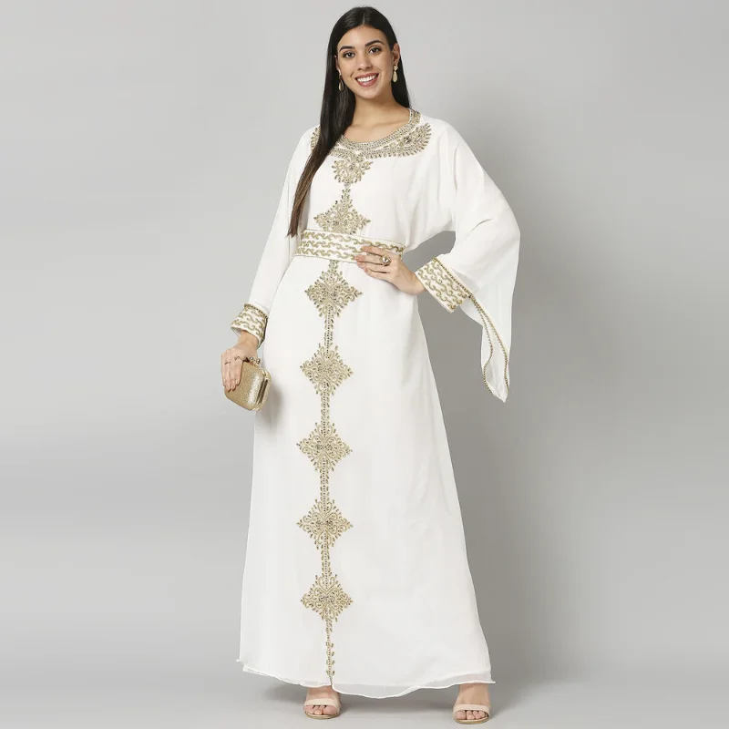 Off-White Morrocan Dubai Kaftans Ramadan Abaya Fara Maxi Gown Dress Fashion Trends