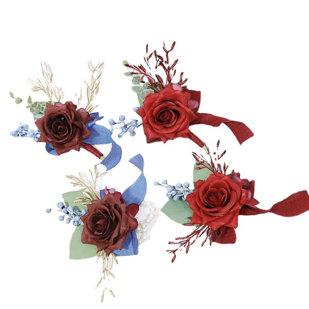 Silk Rose Burgundy Boutonniere for Wedding for Man Bridesmaid Pins Corsage Flowers Handmade Artificial Pearsl akcesoria ślubne