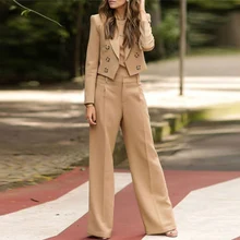 

VONDA 2022 Lady High Waist Pant Suits 2 PCS Women Solid Long Sleeve Blazer With Long Palazzo Loose Office Suits Coats Pants Sets