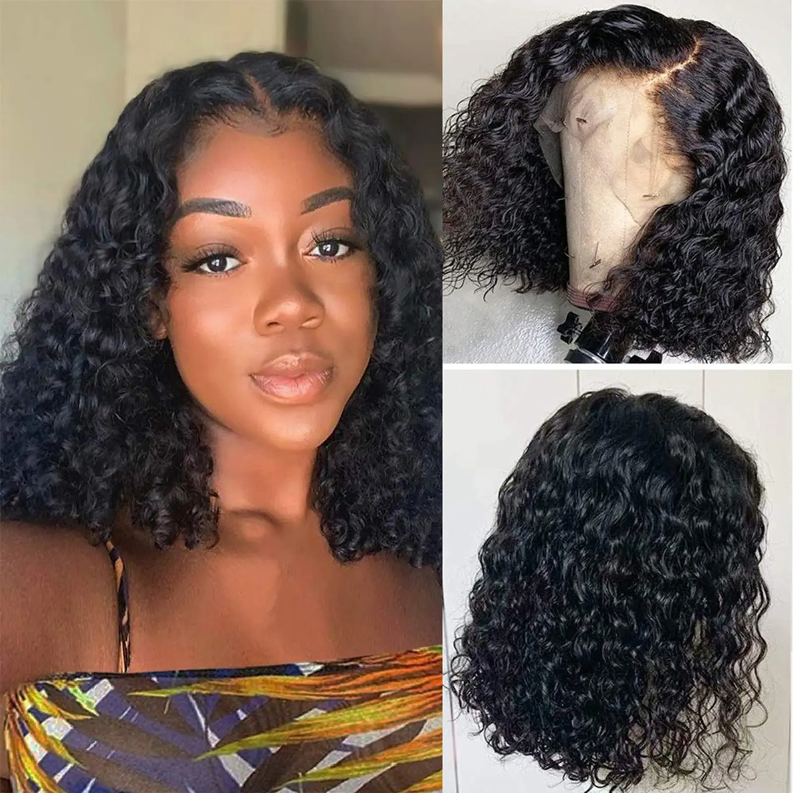 

8-14 Inch Glueless Wigs Human Hair Pre Plucked Pre 4x4 Lace Closure Bob Wigs Human Hair Deep Wave Curly Lace Front Wigs