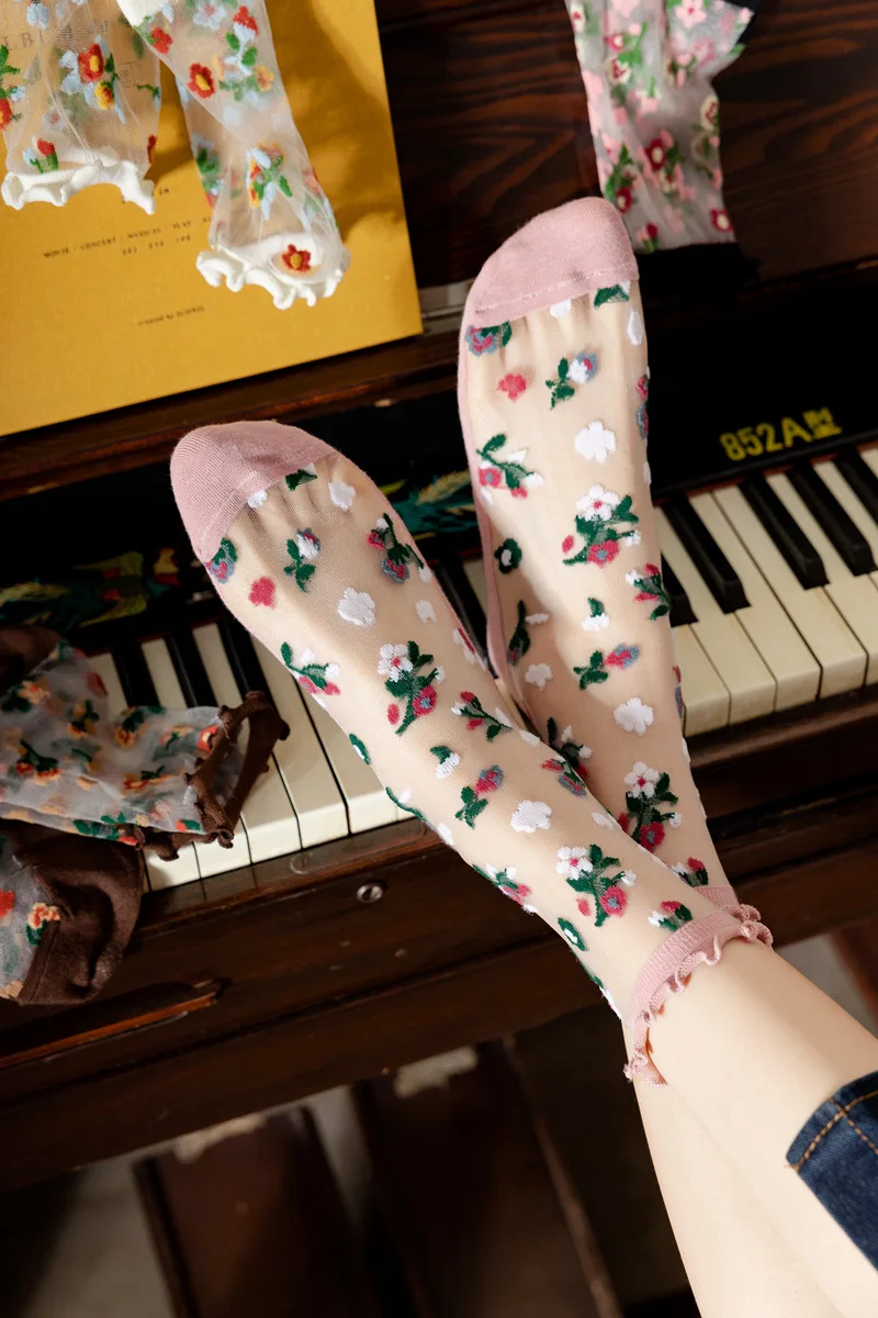 Floral Embroidery Crystal Silk Socks Summer Ultra-thin Transparent Vintage Lace Socks Women Sweet Girls Kawaii Cute Ruffle Socks