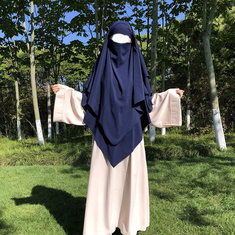 New Three Layer Chiffon Khimar With Niqab Strings Front Two Layer Islamic Clothing Long Tie Back Overhead Prayer Instant Hijab