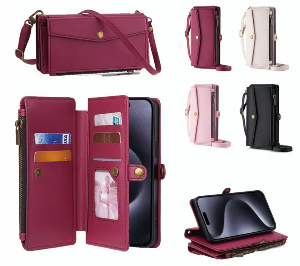 Elegant PU Leather Wallet Phone Case with Fashionable Zipper Crossbody Bag Design