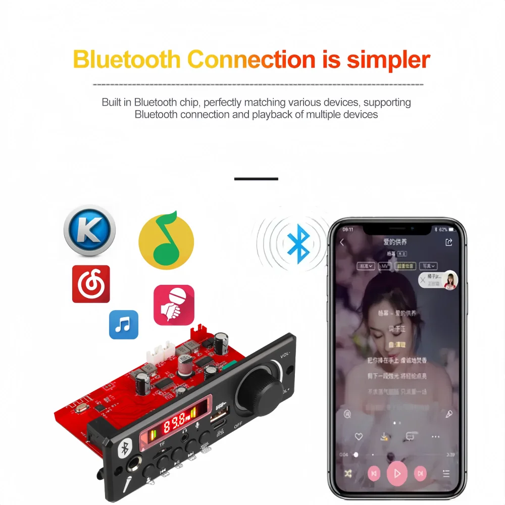 160W 앰프 MP3 디코더 보드, DC 12V 블루투스 5.0 자동차 키트, 6.5mm 마이크, MP3 플레이어 FM TF USB 3.5mm AUX DIY 홈 스피커