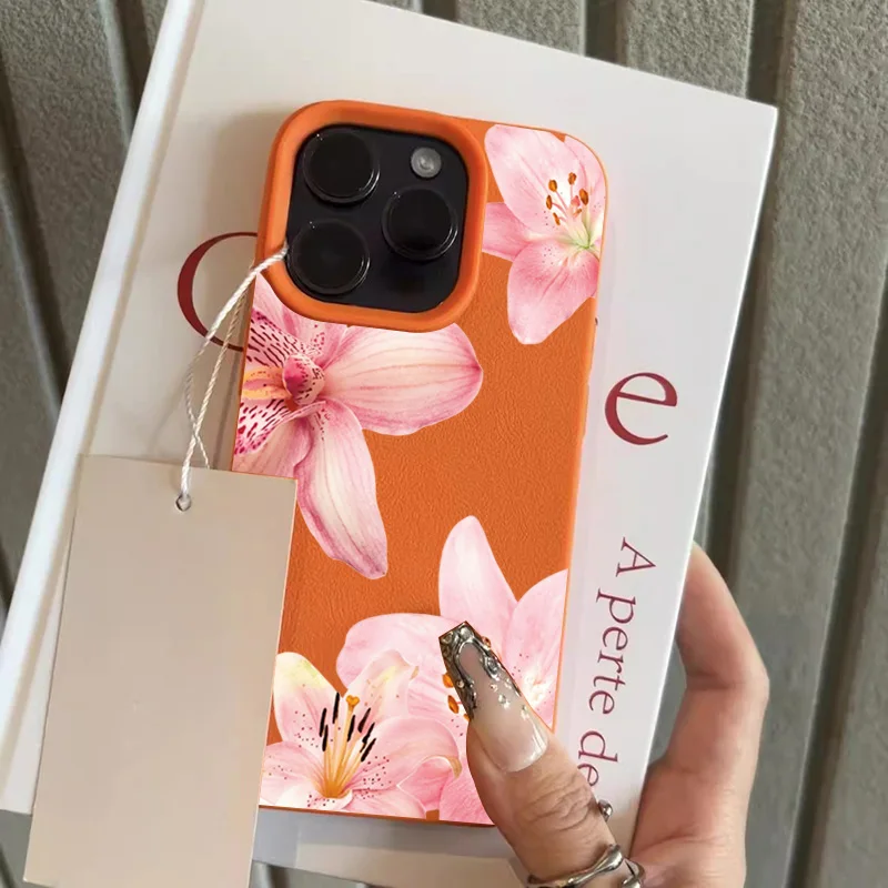 Pink Lily Flower Lychee Texture Soft Phone Case