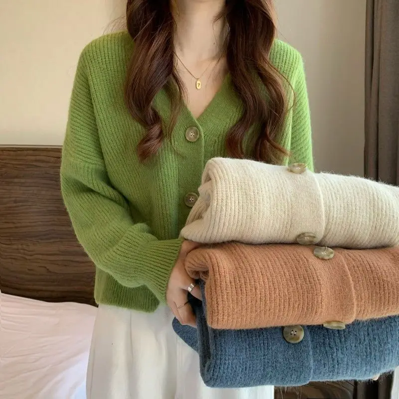 

Loose V Neck Knitted Cardigans Women 2023 Autumn Winter Long Sleeve Sweater Woman Korean Style Solid Color Knitwear Outerwear