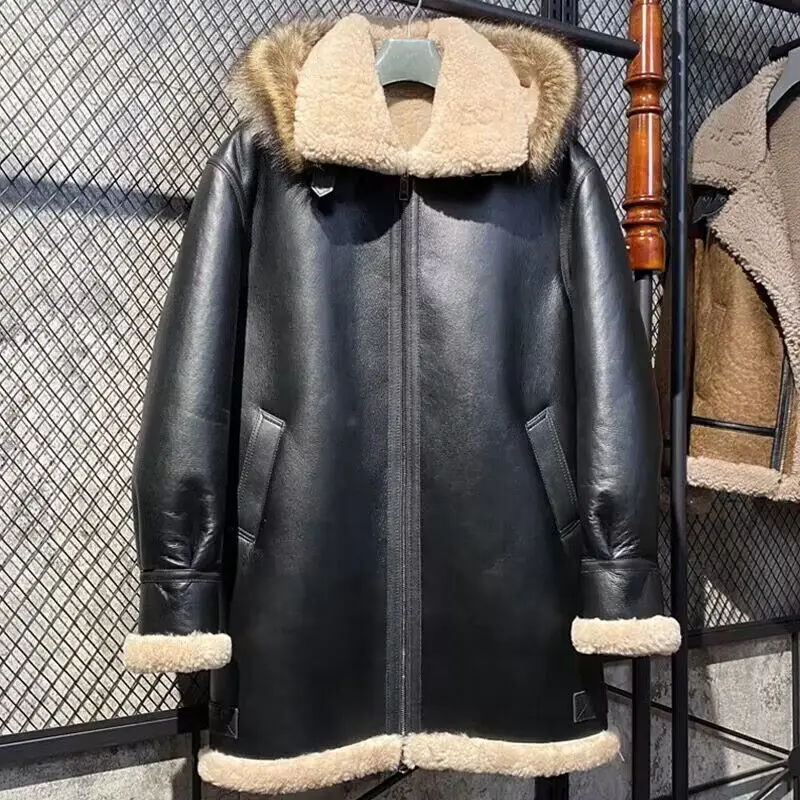 Genuine Real Leather Jacket for Man Natural Sheepskin Shearling Coat Long with Raccoon Fox Fur Hood Wool Lining XXXXXXXXXL 8XL