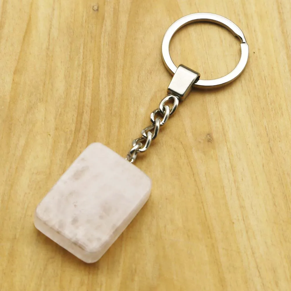 Rose Quartz Natural Gem Stone Quadrate Keyring Friend Key Ring Chain Accessories Women Men Love Keychain Jewelry Gift Lady Charm