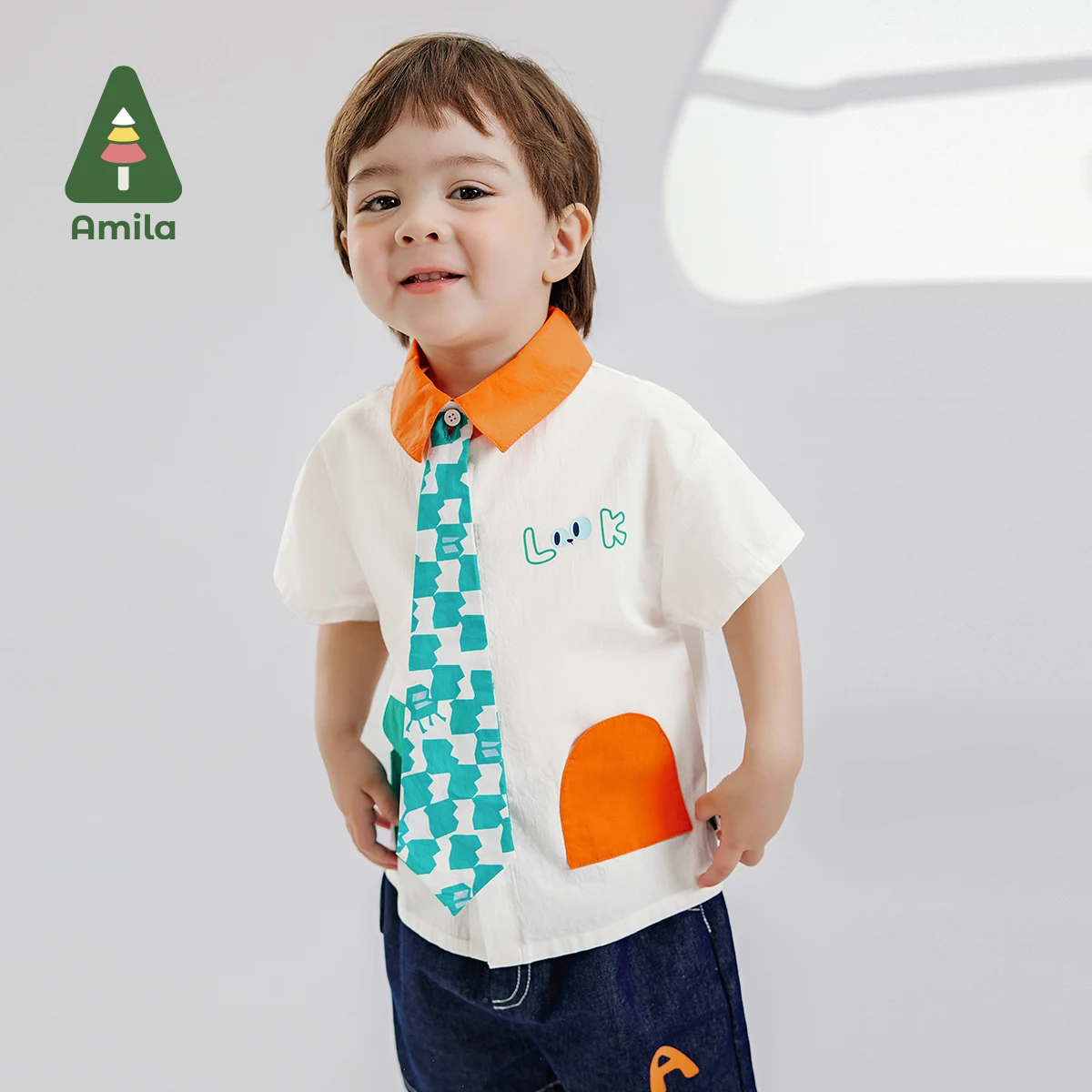 Amila Summer New Boys Top with Contrasting Collar and Pocket Casual Tie Shirt Kids Clothing 0-6Y