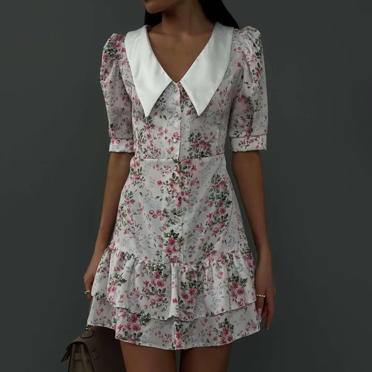 Printed Ruffled V-Neck Mini Dress Female Short Sleeve Fashion Slim High Waist Elegant Party Dress Women's Summer Dress New