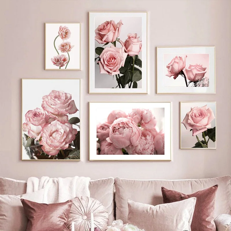 

Pink Rose Peony Flower Painting Nordic Modern Art Posters Girl Bedroom Restaurant Hotel Decoration Canvas Frameless Pictures