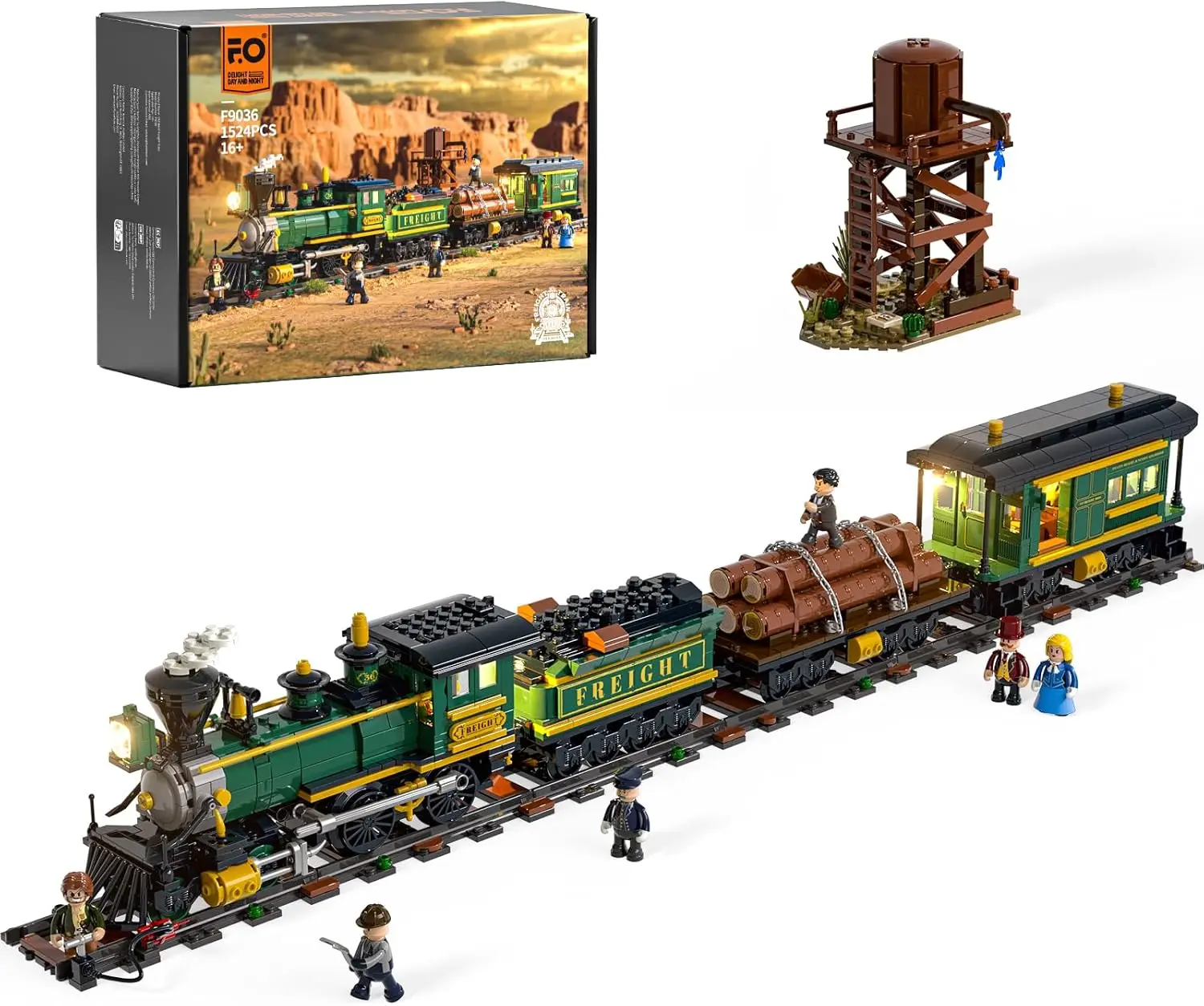 FUNWHOLE 1524 Pcs Wild West Freight Train Lighting Building