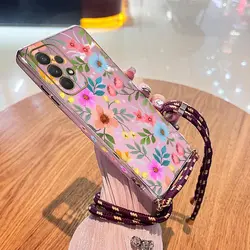 Vibrant Floral Lanyard Plating Phone Case Cover - Samsung A04 (Purple)