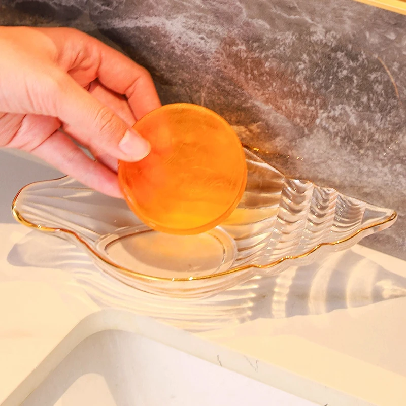 Creative Transparent Glass Gold Border Soap Box, Conch Shaped, Pentagram shape, Soap Dishes, Home Bathroom Kitchen Articles, 1Pc