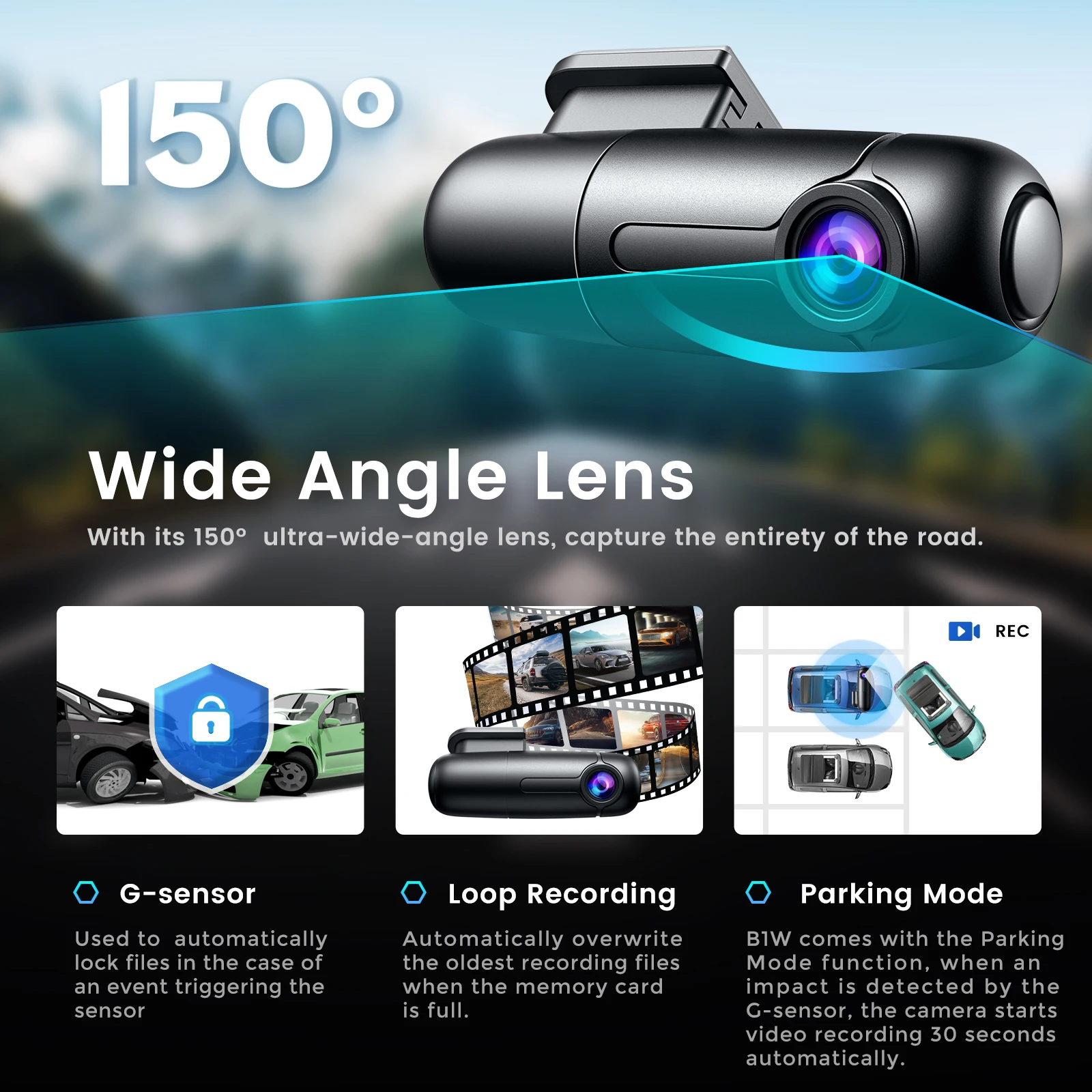 Blueskysea B1W WiFi Dash Cam 1080P Mini HD G-Sensor 360°Rotate Video  +Hardwire.