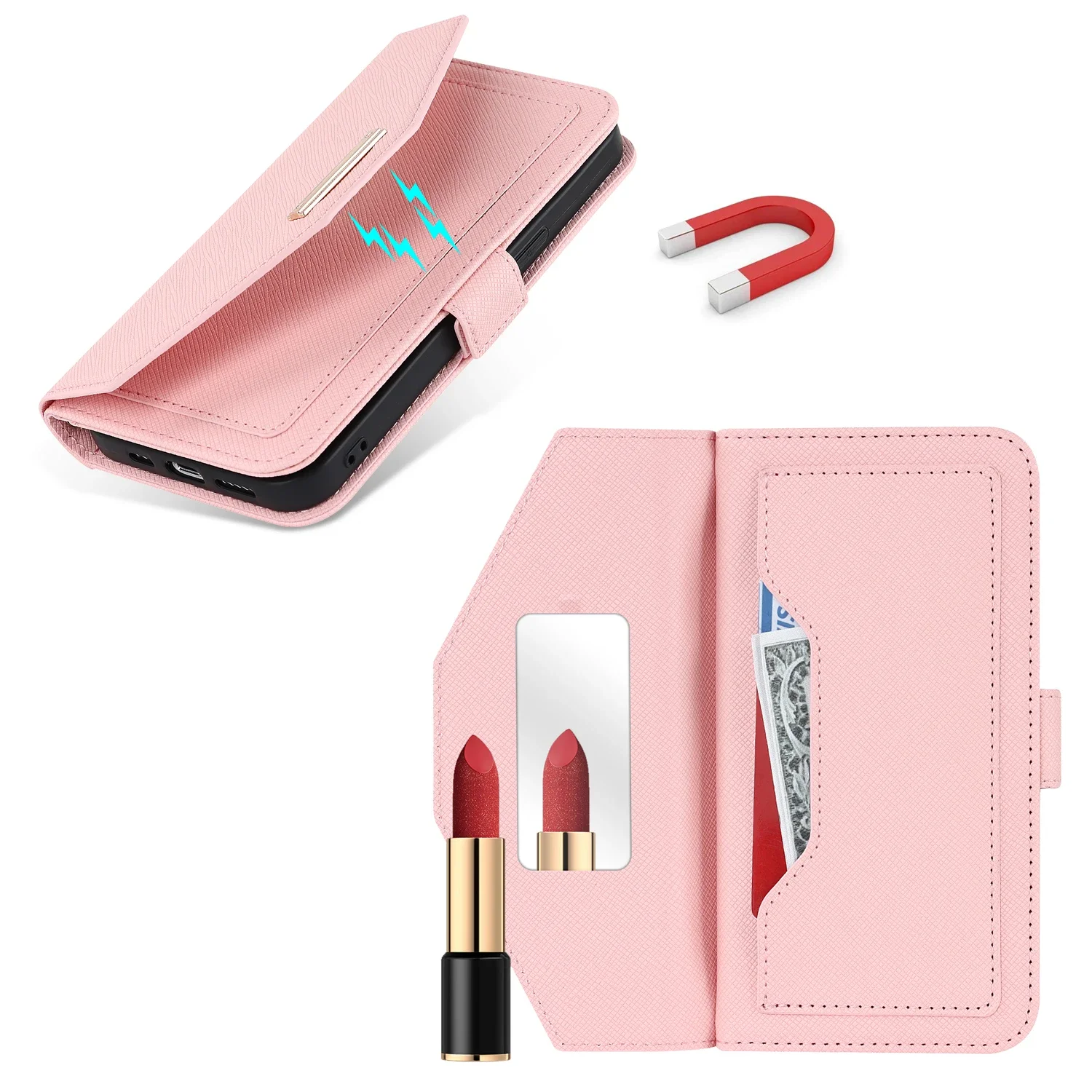Lanyard Crossbody Wallet Case with Card Slots and Magnetic Stand Mirror Book Cover