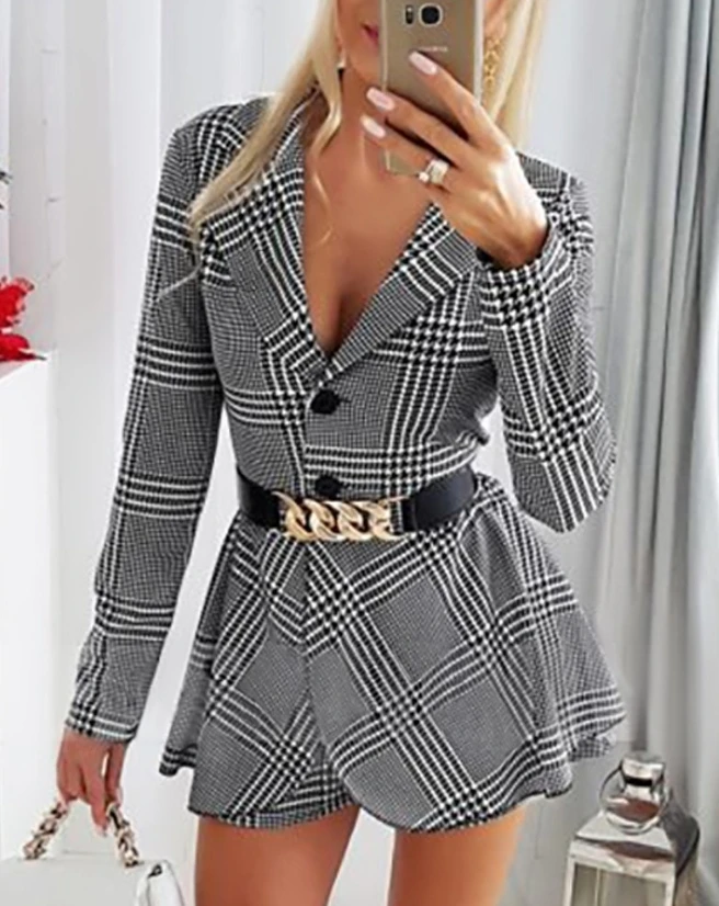 

2024 New Checkered Printed Women's Fashion Casual Lace up Details Button Elegant Suit jumpsuit Versatile