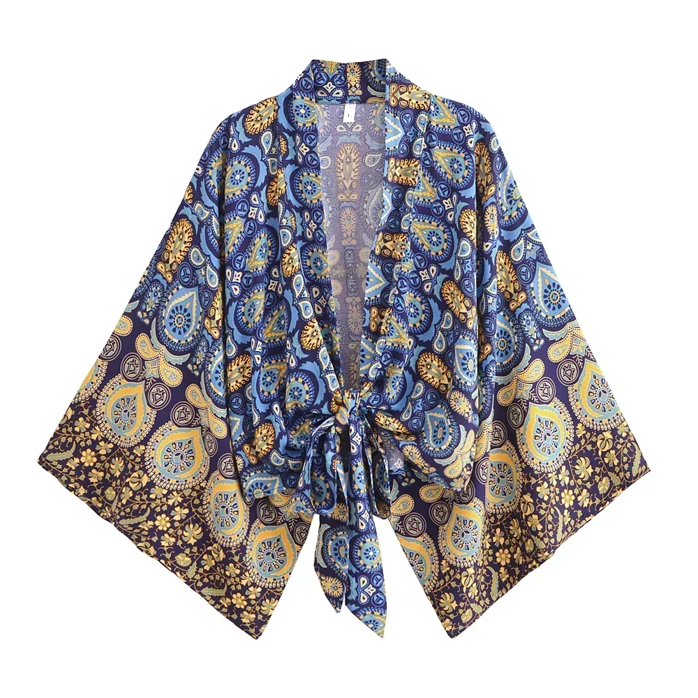 Happie Queens Women Fashion Kimono Short Robe 2025 Floral Batwing Sleeves Rayon Bohemian Bikini Cover Up Beachwear 5