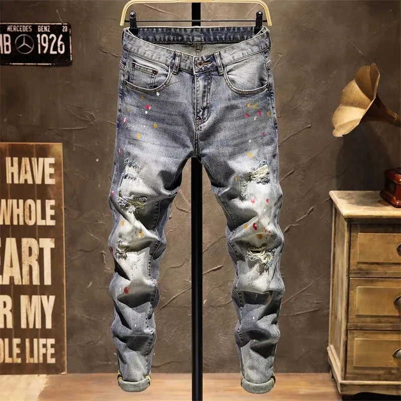 

2024 Spring and Autumn New Fashion Trend Ripped Elastic Small Legs Men's Casual Slim Comfortable Breathable Large Size Jeans