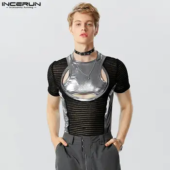 남성용 투명 메쉬 패치워크 티셔츠, 반짝이는 O넥 스트리트웨어, 반팔, 할로우 아웃, 남성 의류, INCERUN S-5XL, 2023