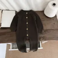 Ins Autumn Baby Boys Jumpsuit Cotton Knitted Solid Buttons Long Sleeve O-neck Infant Boys Bodysuit Toddler Boys Rompers 3