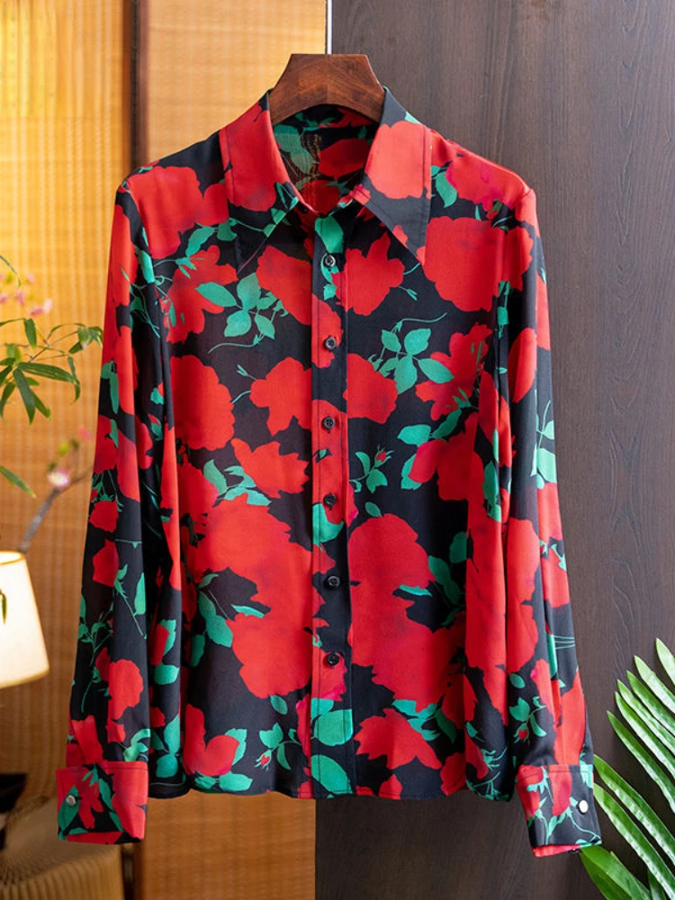 YCMYUNYAN-Silk Printing Blouses for Women, Long Sleeves, Floral Shirts, Korean Loose, Turn-Down Collar, New Casual Top, Summer