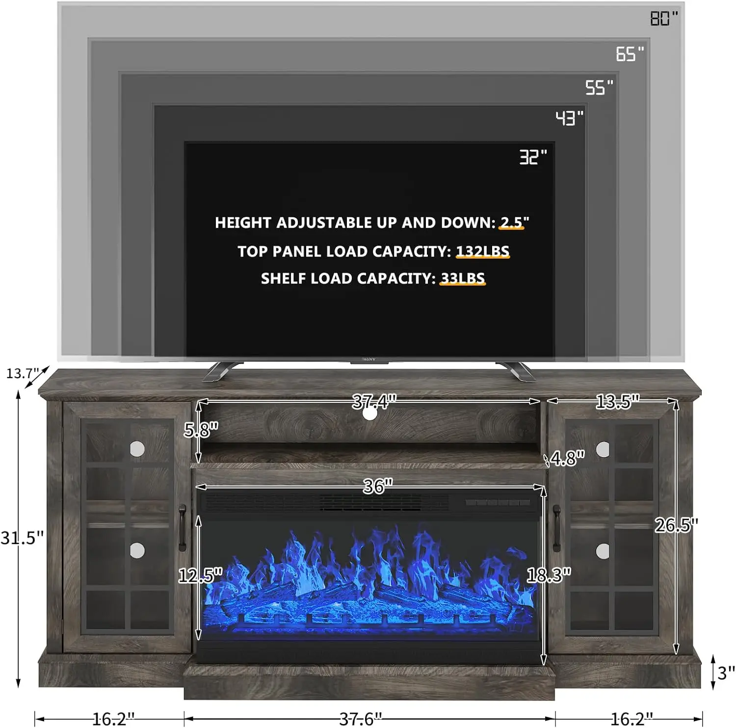 Description Picture 3 of item36 Inch 3-Sided Glass Fireplace TV Stand for TVs up to 80", Rustic Media Entertainment Center Console Table with Glass Door