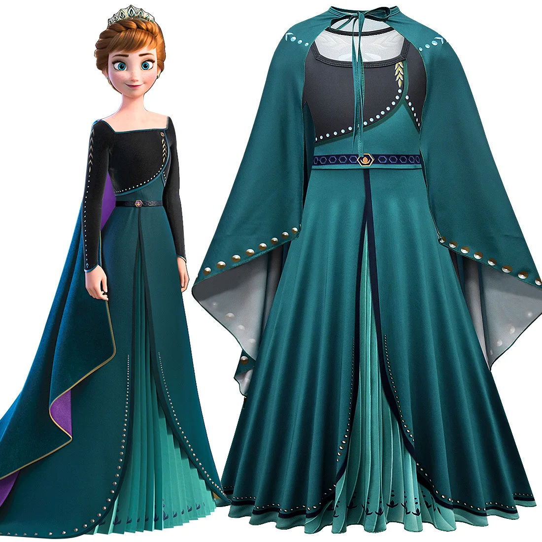 Disney Movie Frozen 2 Costume Cosplay Princess Anna Dress Girls Halloween Costume Dress Maxi Dress Cape Party Costume