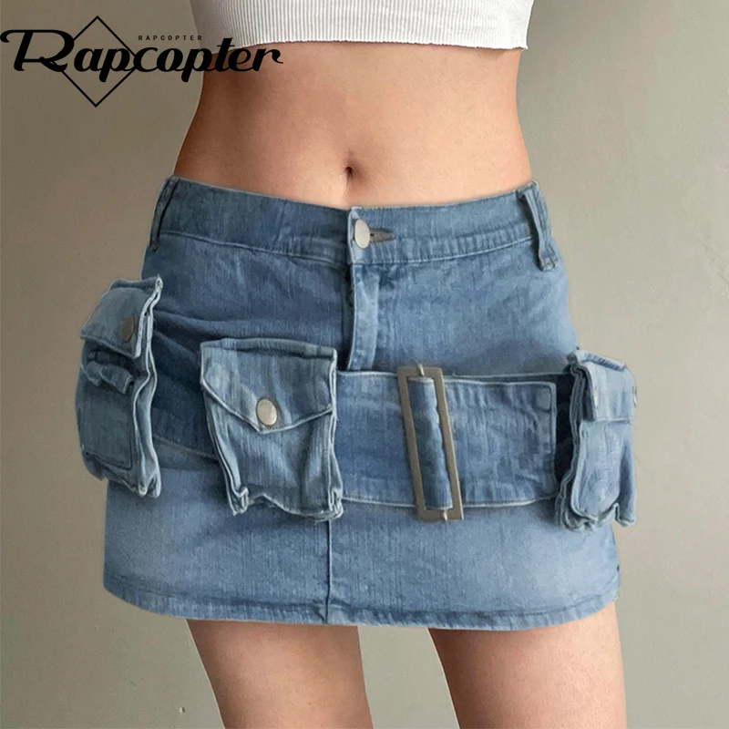 

Rapcopter Y2K Pockets Mini Skirts Women Denim Vintage Bandage Zipper Cargo Skirts Streetwear Chic Pencil Skirts Asymmetrical 90s