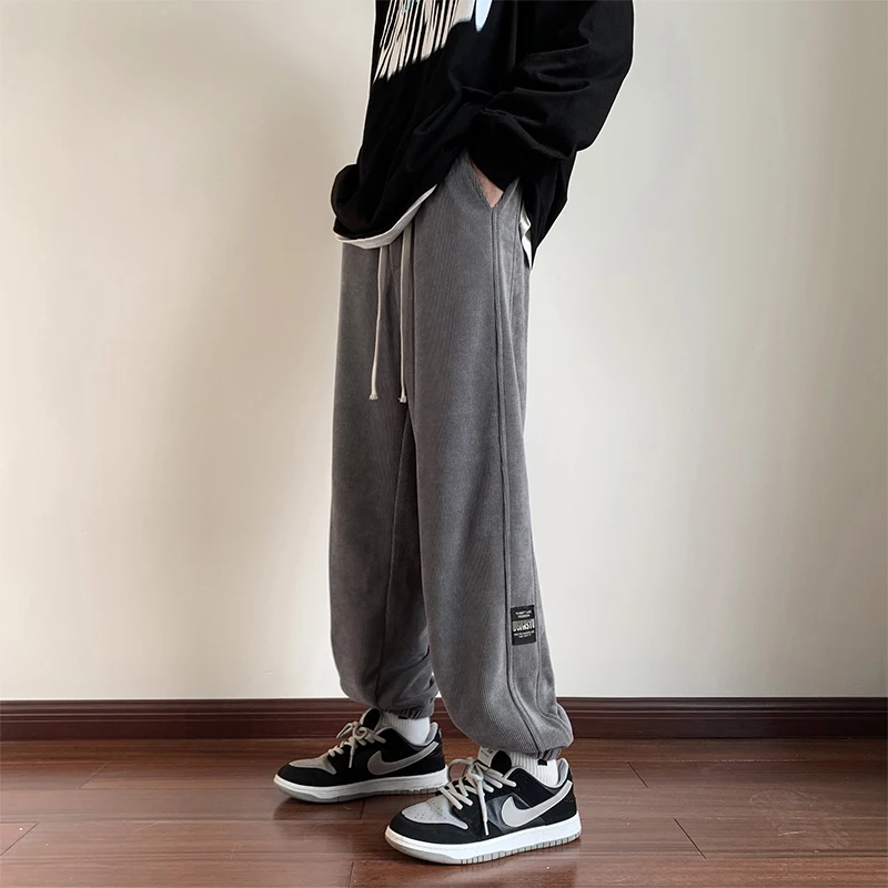 Black Gray Fleece Men Casual Pants Corduroy Thicken Man Sweatpants Pant  Baggy Fashion Streetwear American Vintage Cargo Trousers