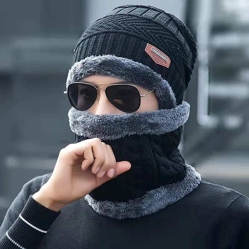 

Winter Hats Knit Cap Men And Women Velvet Hat Fleece Scarf Outdoor Riding Hat