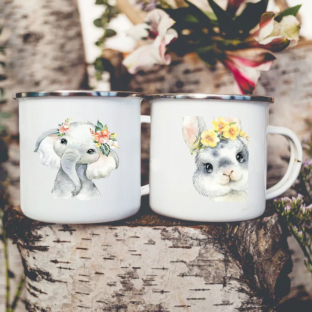 

Cartoon Elephant Rabbit Print Coffee Water Mugs Camping Picnic Party Beer Cola Enamel Cups Cute Animal Lion Kids Mug Baby Gifts